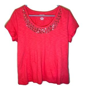 NWOT St. John’s Bay Short Sleeve Rhinestone Beaded Blouse Size Petite Large